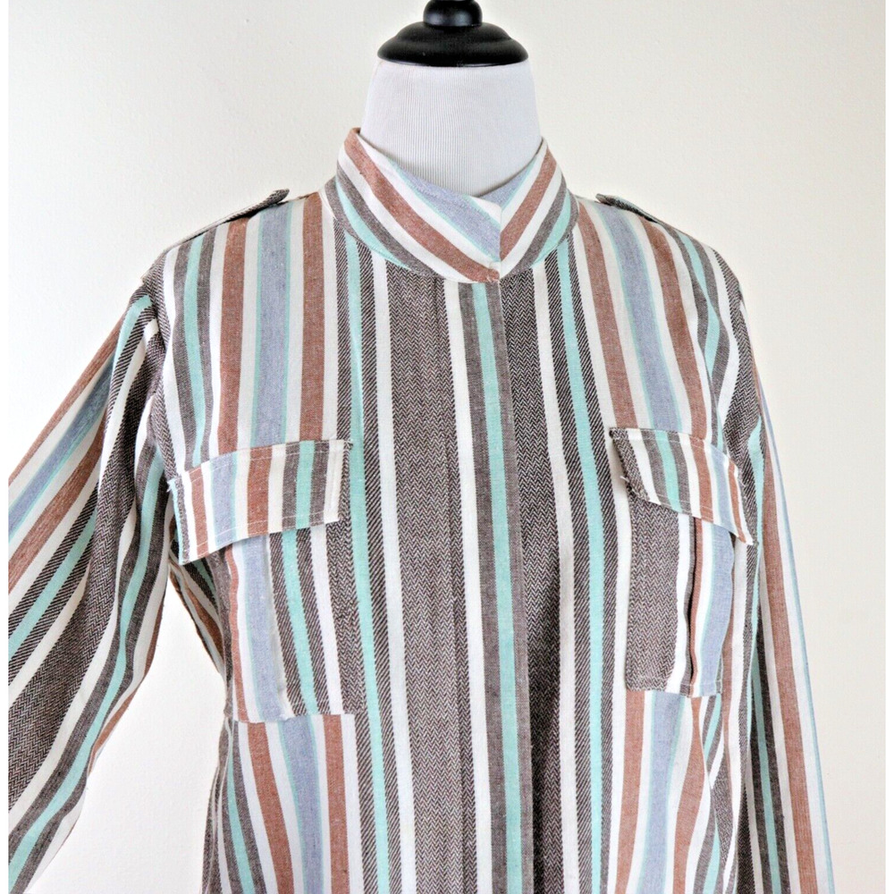 Mystree Size L Linen Blend Jacket Long Sleeve Striped Blue Gray Brown - Picture 8 of 13